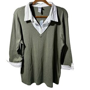 New Stretch Women Plus 18/20 Layered Look Knit Top Olive Striped Trim Preppy